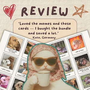 Pu&ograve; includere: Un set di carte meme umoristiche con foto di animali e didascalie. L'immagine include un gatto con occhiali da sole e un foulard, che tiene una tazza. La parola "REVIEW" &egrave; in alto, con una citazione di un cliente sotto.