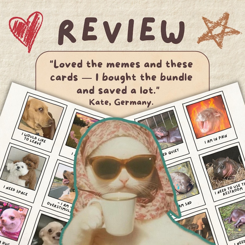 Pu&ograve; includere: Un set di carte meme umoristiche con foto di animali e didascalie. L'immagine include un gatto con occhiali da sole e un foulard, che tiene una tazza. La parola "REVIEW" &egrave; in alto, con una citazione di un cliente sotto.