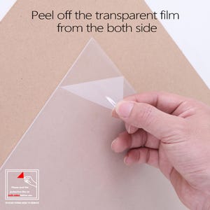 May include: A close-up of a hand peeling off a transparent protective film from a surface. The text "Peel off the transparent film from the both side" is visible at the top of the image. The text "Please peel the protective film on both sides before use" is visible at the bottom of the image.