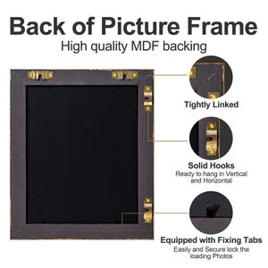 May include: Back of a picture frame with a black backing and gold trim. The frame has two solid hooks for hanging vertically or horizontally. It also has tabs for securing photos.