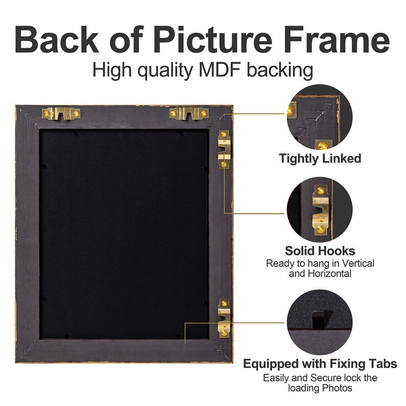 May include: Back of a picture frame with a black backing and gold trim. The frame has two solid hooks for hanging vertically or horizontally. It also has tabs for securing photos.