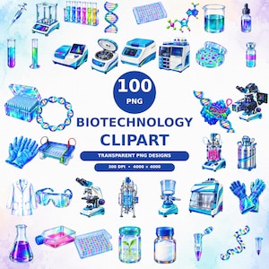 Może przedstawiać: Kolekcja 100 cyfrowych grafik clipart z dziedziny biotechnologii, przedstawiająca sprzęt laboratoryjny, taki jak mikroskopy, wirówki, nici DNA, probówki, zlewki, rękawice ochronne, fartuchy laboratoryjne oraz różne przyrządy analityczne.