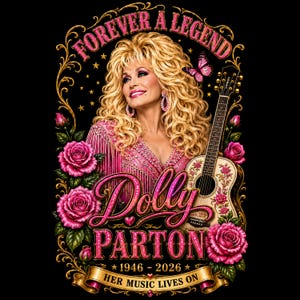 Puede incluir: Una ilustración gráfica de Dolly Parton con cabello rubio, vistiendo un top rosa con flecos, rodeada de rosas rosas, una mariposa y una guitarra acústica. El texto dice: FOREVER A LEGEND, Dolly PARTON, 1946 - 2026, HER MUSIC LIVES ON.