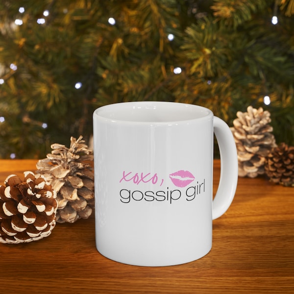 Gossip Girl Mug pour café, thé ou autres boissons chaudes froides | Cadeau de Noël Gossip Girl xoxo | Mug blanc et rose avec anse Blair Waldorf