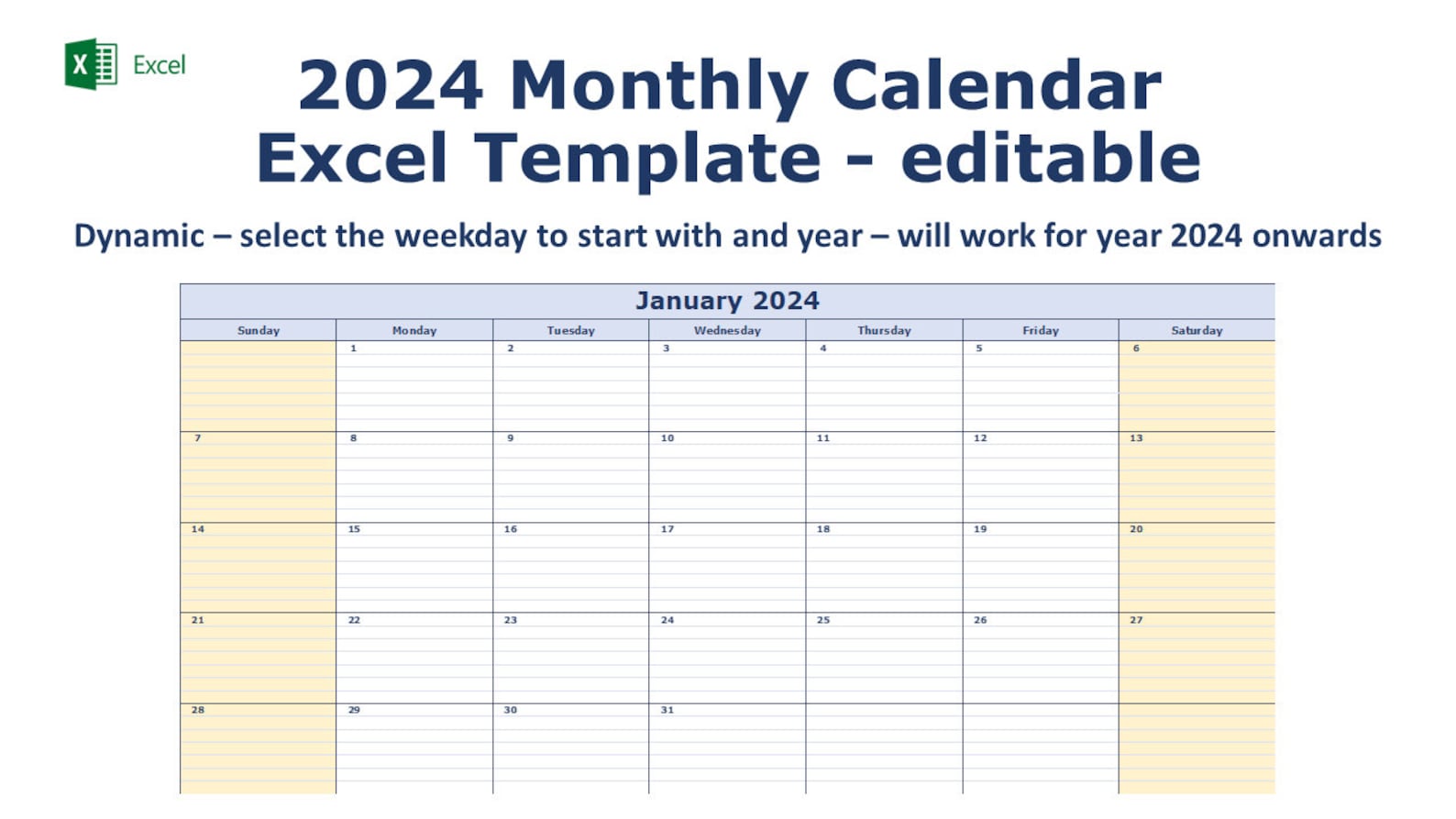 2024 Monthly Calendar Excel Template Editable Etsy