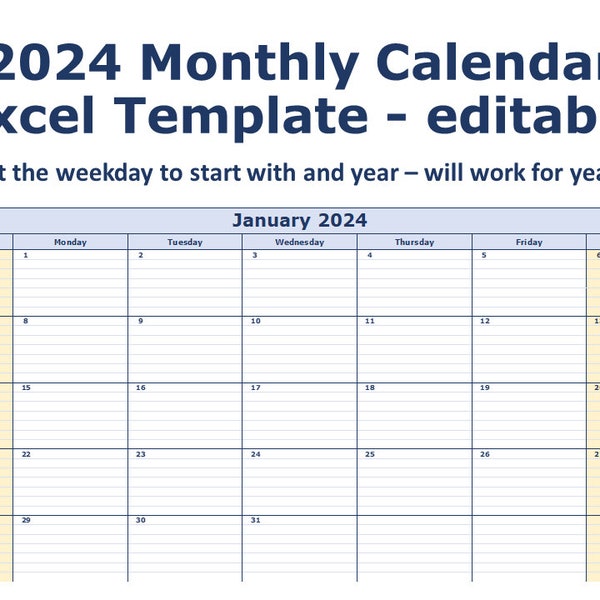 2024 Monthly Calendar Excel Template Editable
