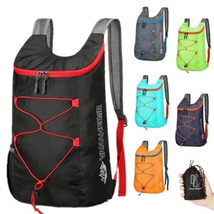 Könnte beinhalten: Ein faltbarer Rucksack in Schwarz, Rot und Grau mit dem Aufdruck "VINHEIMER" an der Seite. Der Rucksack ist in sechs verschiedenen Farben erhältlich: Grau, Grün, Blau, Türkis, Orange und Marineblau.