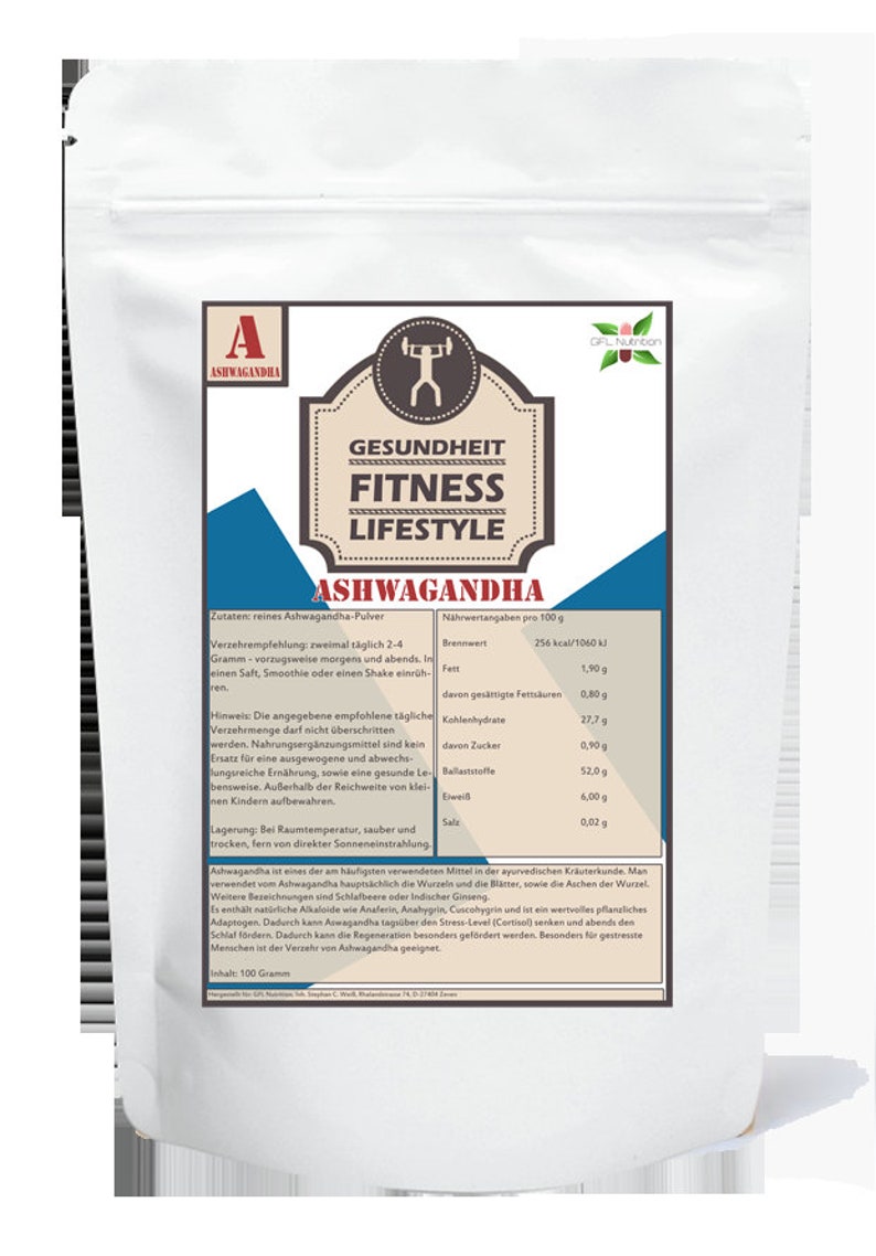 May include: A white bag with a blue and red label that says "Gesundheit Fitness Lifestyle Ashwagandha". The label also includes nutritional information for the product, which is a powder.