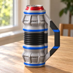 May include: A silver, black, and blue insulated beverage can cooler featuring a structural, mechanical design with a sturdy side handle. The cylindrical holder encases a red aluminum soda can, showcasing a ribbed center section and blue accents.