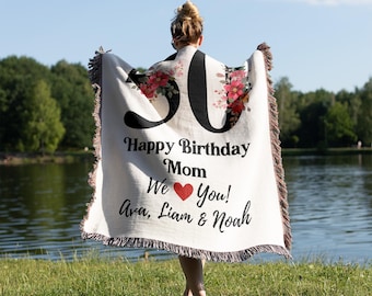50th Fifty Mom Mama Grandma Birthday Custom Year 1975 Woven Tapestry Throw Blanket, Name Blanket Mom Gift From Daughter and Son For Her