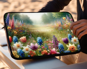 Wildflower Floral Meadow Laptop Macbook Air Pro Sleeve, Laptop Case, Ipad Sleeve, Fairy Garden, Enchanted Forest, Colorful, Vibrant