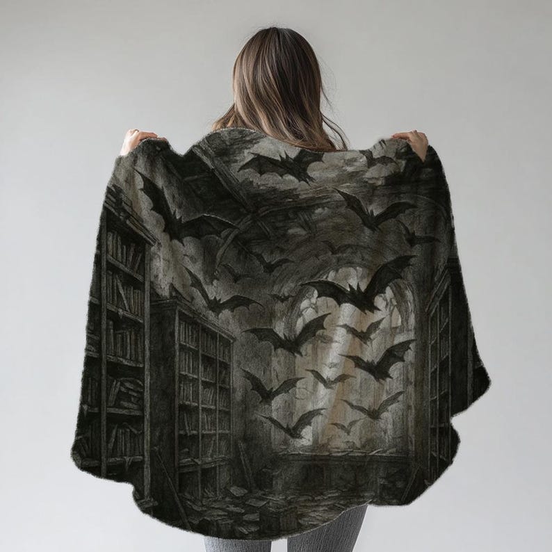 Manta de felpa tejida vintage de Minky acogedora, con temática gótica, oscura, de biblioteca, libros, fantasma, murciélago, libros, Halloween, bruja y espeluznante. imagen 8