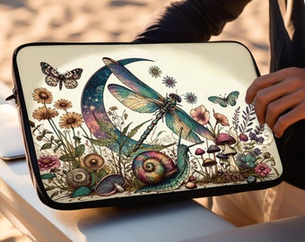 Dragonfly Entomology Laptop Macbook Air Pro Sleeve, Laptop Case, Ipad Sleeve, Goblincore, Cottagecore, Mushroom, Snail, Celestial Moon