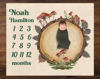 Manta de hitos con diseño de setas y estilo cottagecore, manta personalizada con nombre para bebé, regalo para recién nacido (niño o niña), manta personalizada con foto mensual para hitos del bebé.