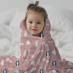 Customizable Marian Blanket, Our Lady of Fatima, Baptism gift, Catholic Prayer Plush Blanket, Virgin Mary Christian Prayer Baby Pink Blanket