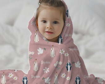 Customizable Marian Blanket, Our Lady of Fatima, Baptism gift, Catholic Prayer Plush Blanket, Virgin Mary Christian Prayer Baby Pink Blanket