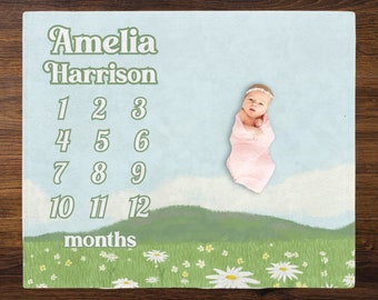 Daisy Milestone Blanket, Floral Daisies Spring Baby Blanket, Wildflower Nursery Custom Monthly Photo Baby Shower Gift, Baby Girl Birthday