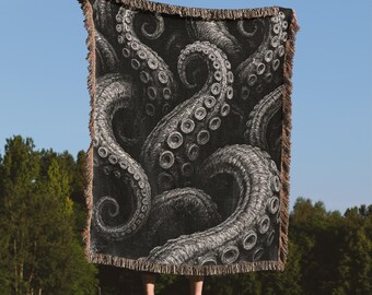 Kraken, pulpo, calamar, tentáculos oceánicos, decoración de Halloween, criatura marina gótica espeluznante, manta de felpa Minky tejida, regalo para él
