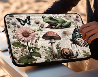 Green Frog Cute Aesthetic Laptop Macbook Air Pro Sleeve, Laptop Case, Ipad Sleeve, Goblincore, Cottagecore, Mushroom, Snail, Frog and Toad