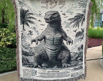 Kaiju God Christmas Movie Blanket Vintage Retro Dinosaur Monster Woven Minky Plush Blanket, Cozy Holiday Dad Men Son Festive Anime Gift