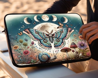 Moth Entomology Laptop Macbook Air Pro Sleeve, Laptop Case, Ipad Sleeve, Goblincore, Cottagecore, Mushroom, Snail, Wildflower Celestial Moon