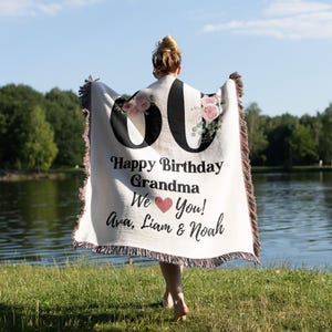 60th Sixty Grandma Nana Gigi Milestone Birthday Custom Name Year 1965 Woven Tapestry Throw Blanket Gift From GrandKid Daughter Son Mom