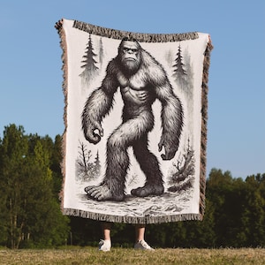 Bigfoot Throw Woven Blanket, Big foot Sasquatch Blanket Creepy Home Decor, Dad Husband Camping Hiking Throw, Cryptids, Yeti Lover Gifts