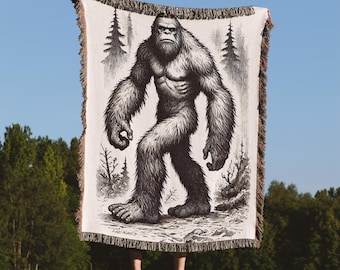 Bigfoot Throw Woven Blanket, Big foot Sasquatch Blanket Creepy Home Decor, Dad Husband Camping Hiking Throw, Cryptids, Yeti Lover Gifts