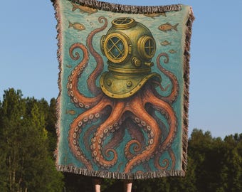 Manta tejida vintage con pulpo buceador: decoración oceánica gótica
