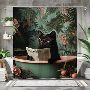 May include: A black cat wearing red-rimmed glasses sits in a green bathtub, reading a newspaper with the headline "BIG AND PAY". The cat is surrounded by lush green foliage and pink flowers.