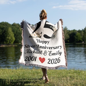 25th Silver Anniversary Custom Woven Tapestry Throw Blanket Wedding Anniversary Name Blanket Valentine Gift For Her Him Husband Wife Parents