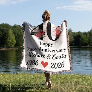 40th Ruby Anniversary Custom Year Woven Tapestry Throw Blanket, Wedding 40 Anniversary Name Blanket Valentine Gift For Her Him Husband Wife