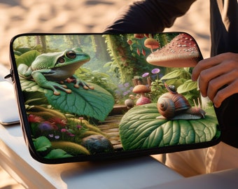 Green Frog Laptop Macbook Air Pro Sleeve, Laptop Case, Ipad Sleeve, Goblincore, Cottagecore, Mushroom, Snail, Frog and Toad, Fairy Garden