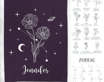 Birth Month Flower Personalized Blanket, Zodiac Blanket, Grandma Blanket, Gift for mom, Astrology Gift