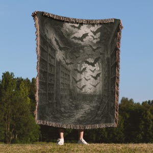 Haunted Library Gothic Dark Academia Reading Books Ghost Bat Bookish Halloween Witchy Spooky Vintage Woven Minky Plush Throw Blanket Cozy