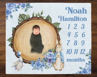 Peter Rabbit Milestone Blanket, Blue Bunny Rabbit Spring Baby Blanket, Nursery Custom Monthly Photo Baby Shower Gift, Baby Boy Birthday