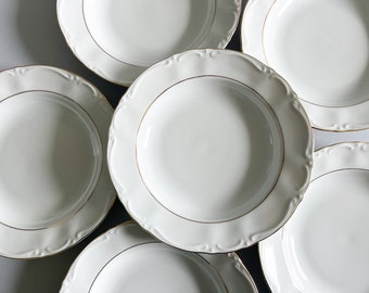 6 assiettes creuses en porcelaine blanche et dorée , Kronester , Bavière , milieu 20ème