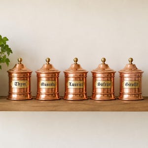 May include: Five copper spice jars with gold accents and labels. The jars are labeled "Thym", "Muscade", "Laurier", "Safran", and "Girofle". They sit on a wooden shelf with a plant in a pot to the left.