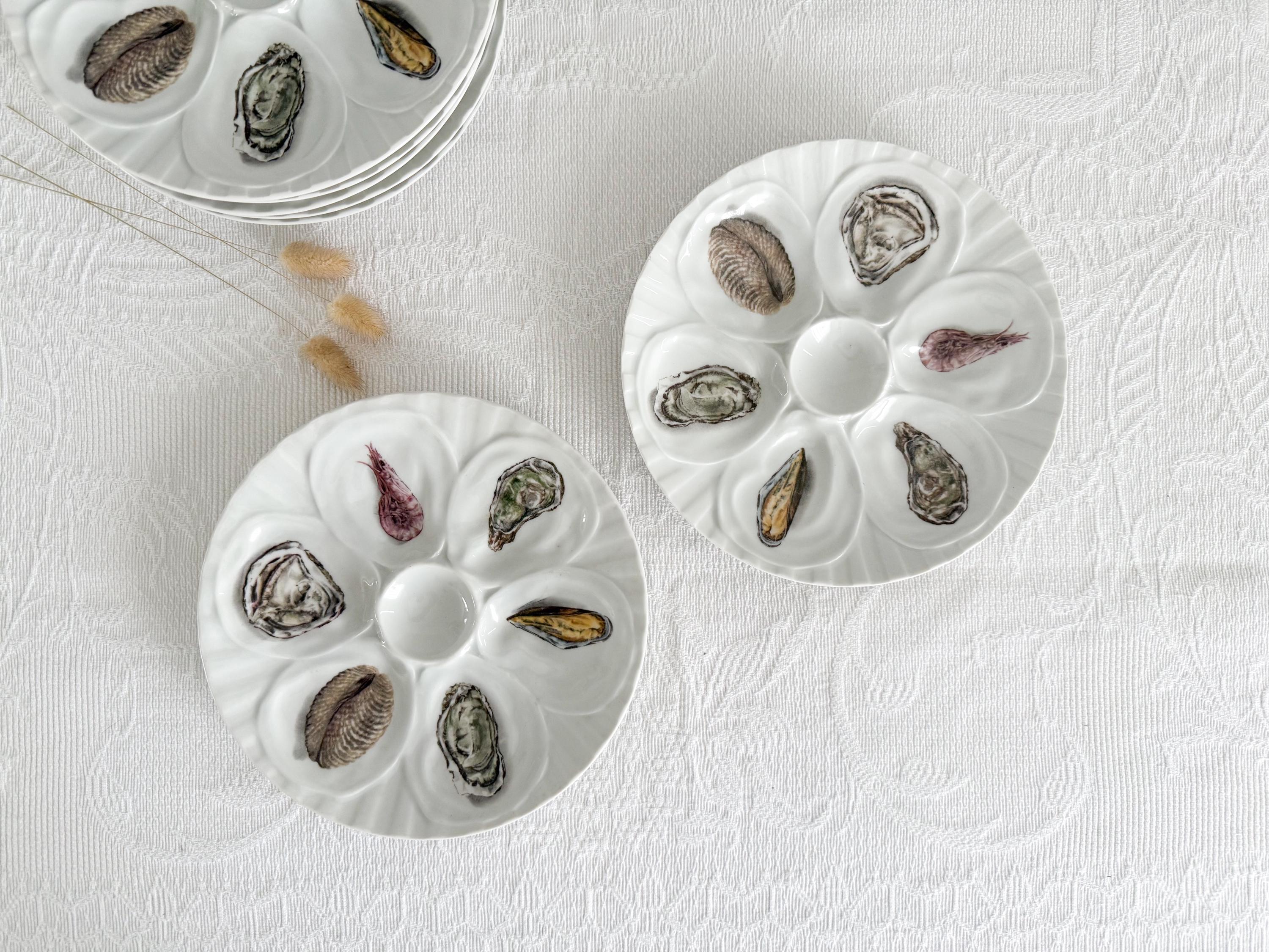 Lot 6 Assiettes à Huîtres L'HIRONDELLE - Porcelaine Blanche Vintage - Fabriquées En France