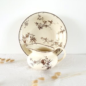 Superb ironstone wash set, decorated with birds in sepia, Tits pattern, Gien, circa 1900