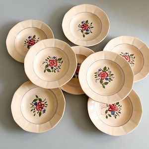 8 powder pink soup plates Digoin Sarreguemines, early 20th century