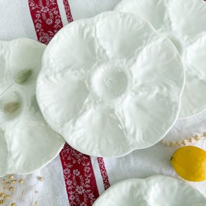 May include: A collection of white, scalloped oyster plates with six compartments each. The plates are arranged on a white and red patterned tablecloth, with a yellow lemon and decorative sprigs.