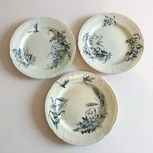 3 assiettes plates terre de fer , Creil & Montereau , décor de libellules