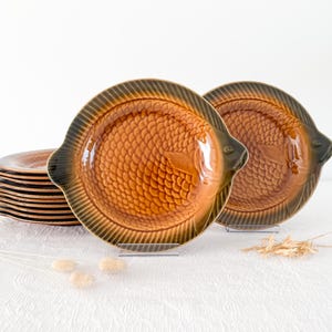 Conjunto de 6 pratos de peixe majólica, Sarreguemines, cerca de 1950