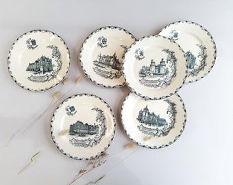 Six ironstone dinner plates, Châteaux pattern, Léon Graves Clairefontaine, 19th century