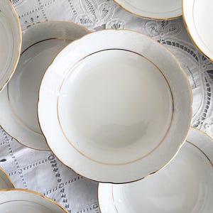 6 white and gold porcelain soup plates, Thun, Czechoslovakia, mid-20th century