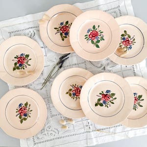 May include: Eight antique blush-coloured plates, each with a hand-painted floral design. The plates feature red roses, blue accents, and green leaves. They have a scalloped edge and a thin blue border. A vintage aesthetic.