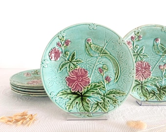 Assiette en barbotine à décor d'oiseaux , Salins les Bains , Majolica wall decoration plate , circa 1890'