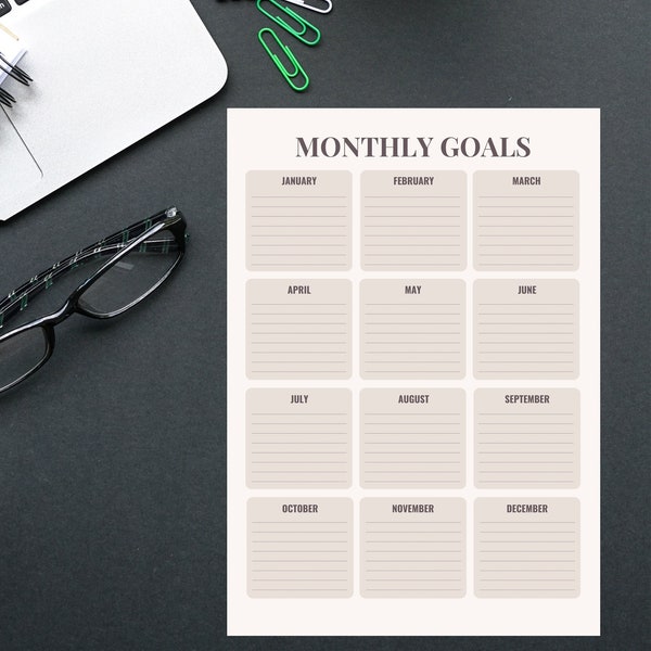 Monthly planner, Digital Download planner, Year at a glance, Get organized, New Years Resolution, Monthly Goals
