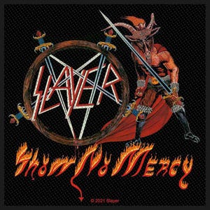 Écusson officiel Slayer | Écusson tissé « Show No Mercy » | Produits dérivés du groupe de thrash metal | 10 x 10 cm